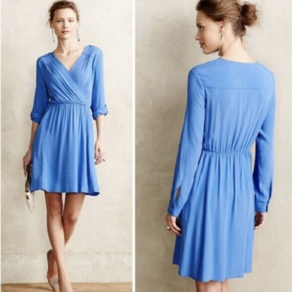 Anthropologie Dresses & Skirts - Anthropologie Maeve Dress L Lene Crepe‎ Faux Wrap Pockets Blue Roll Tab Sleeve